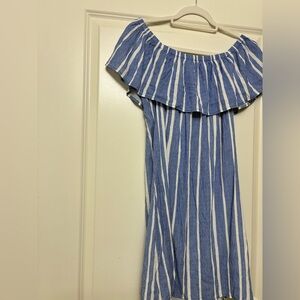 Blue and White Striped Off-Shoulder Dress or Cover Up